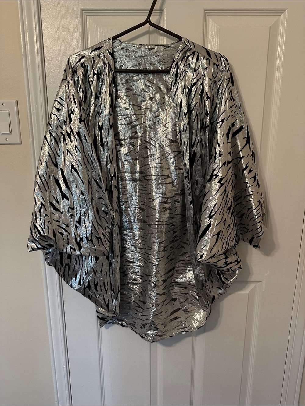 Metallic Silver Animal Print Open Front Kimono